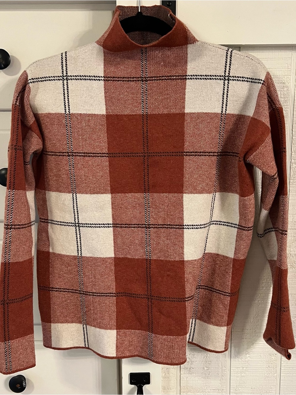 Rachel Zoe Rust and Cream Plaid Turtleneck Sweater with Black Accents